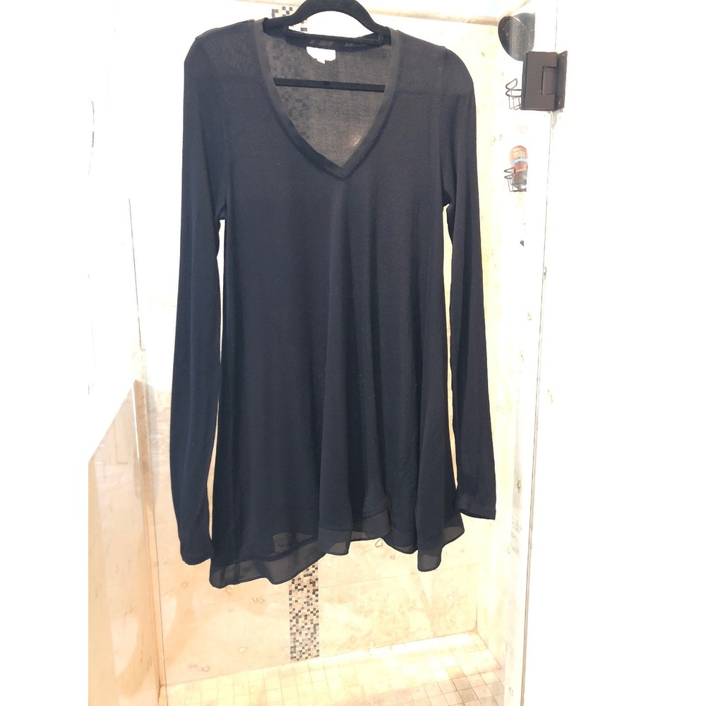 Deletta Anthropologie Black Shift Swing Tunic Sweater Chiffon Trim Dress M